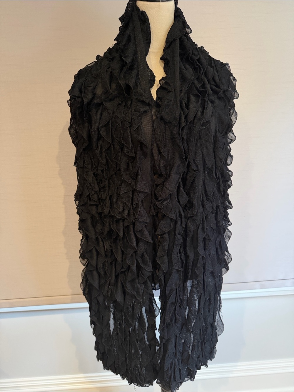 HERVE LEGER Black Ruffled Textured knit fabric Scarf Wrap